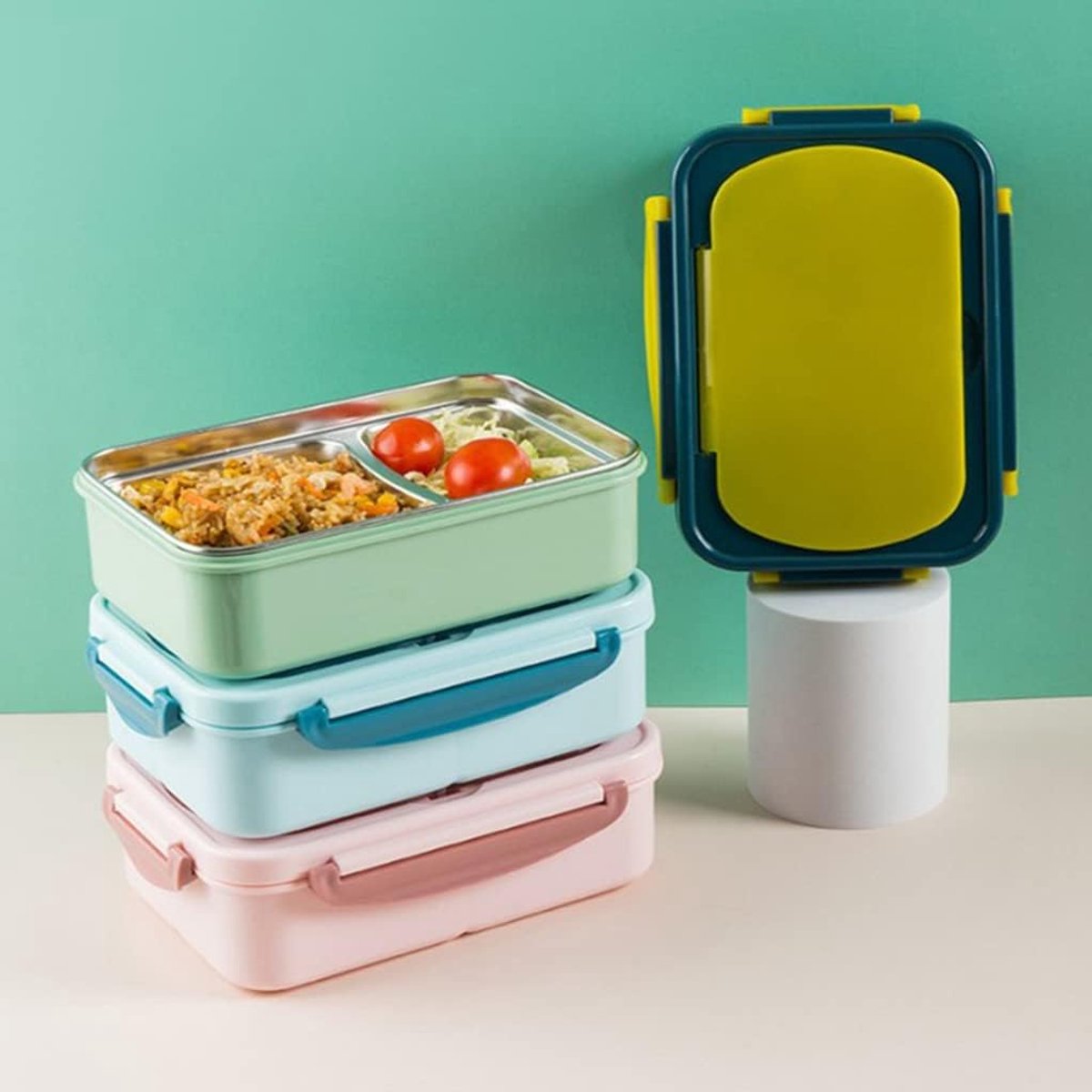 Lekvrije lunchbox - Lunchbox met 2 compartimenten - Inclusief bestek - Geïsoleerde lunchbox met verdeling - Roestvrij staal - Geschikt voor volwassenen kinderen - Vaatwasserbestendig - Kan warm eten bevatten - Bentobox - 21,3 x 14,5 x 7,5 cm - Khaki — cadeau in Koken & Dineren - foto 4