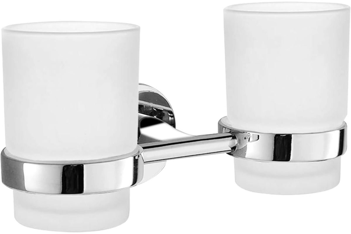 Dubbele Tandenborstelhouder met 2 Matt Gecoate Bekers – 304 RVS, Wandmontage, Roestvrij & Stijlvol Zilver – 195x97 mm