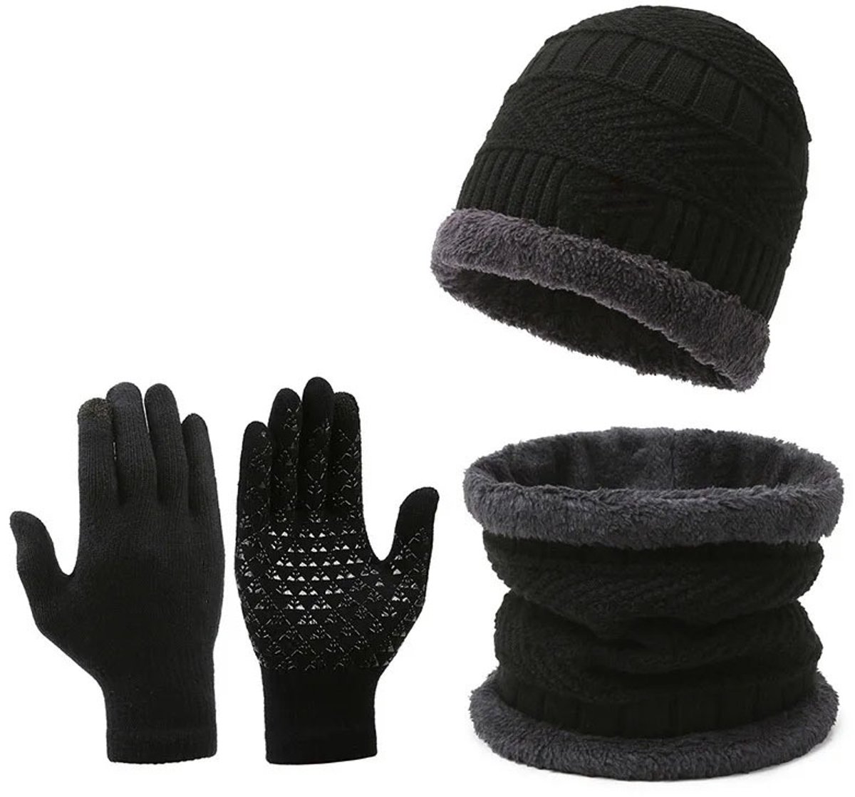 Heren Winterset – Winddichte Gebreide Muts, Warme Sjaal & Touchscreen Handschoenen – Outdoor Set voor Winter, Fietsen, Wandelen, Skiën, Hardlopen, Sneeuw & Dagelijks Gebruik