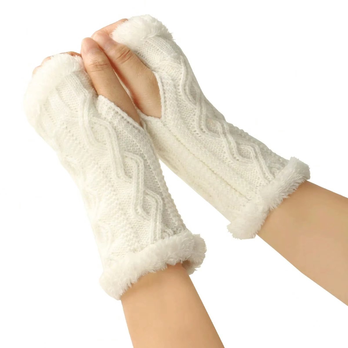 Halve Vingerhandschoenen Dames – Zachte Warme Pluche Gebreide Vingerloze Handschoenen – Luxe Effen Kleur Fuzzy Winterhandschoenen voor Fietsen Wandelen Outdoor en Smartphone Gebruik Wit