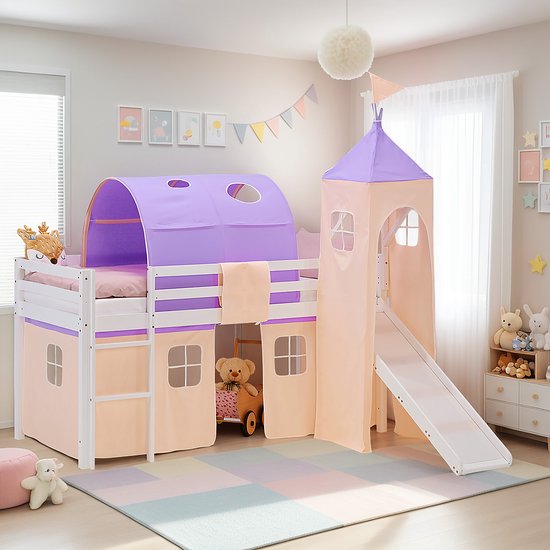 Lit mezzanine Homestyle4u - 90x200 cm - pêche - avec toboggan