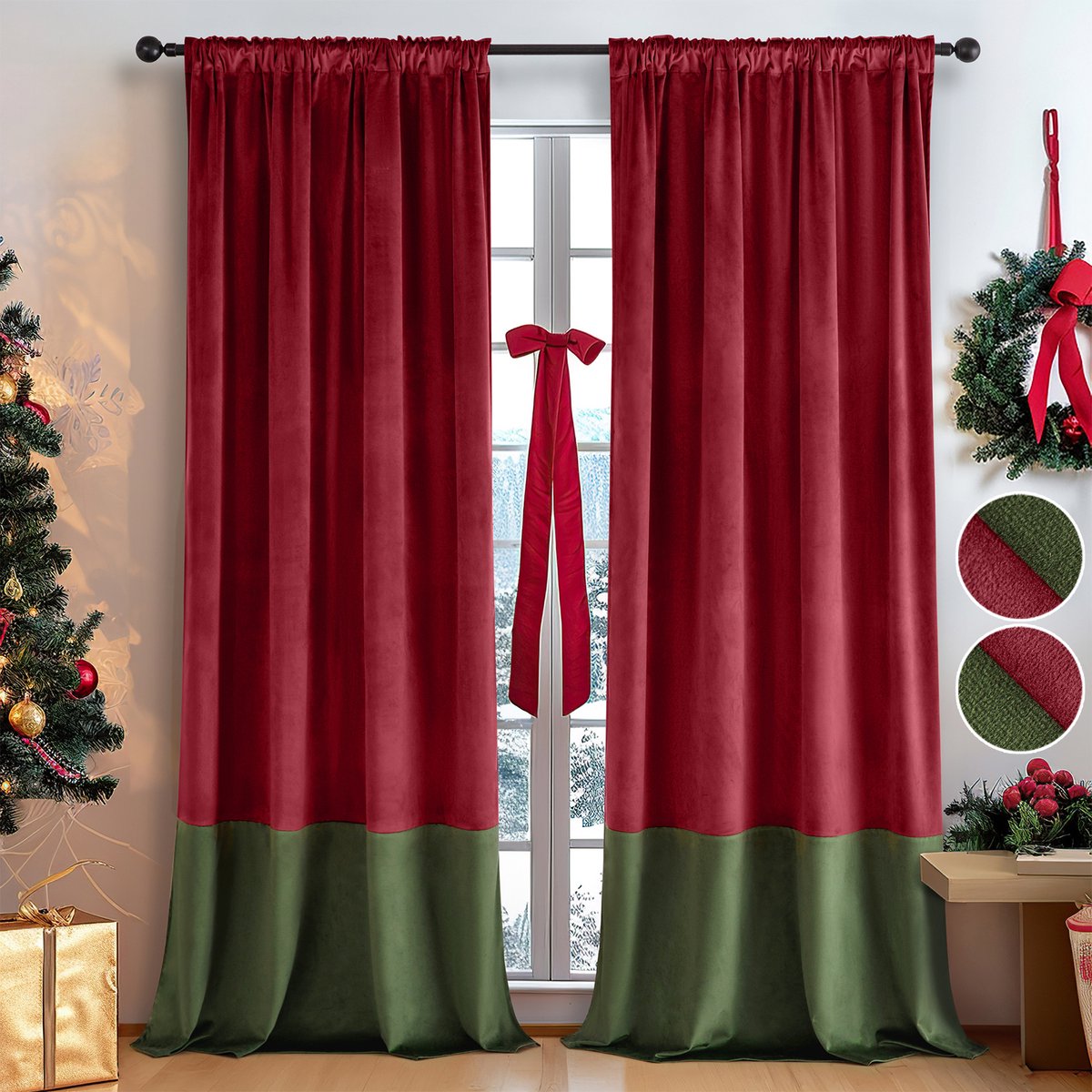 Qelus 2 Stuks Fluwelen Verduisterende Gordijnen Kant en Klaar met Plooiband - Warmte-isolerend, Ondoorzichtig - 132x305cm voor Woonkamer Kerst & Winterfeest Decoratie - Rood