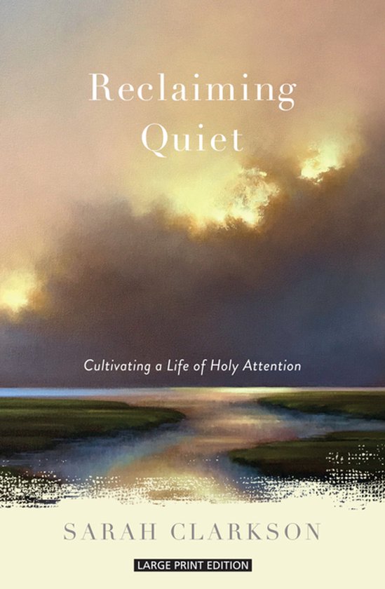Boek "Reclaiming Quiet: Cultivating a Life of Holy Attention" van Sarah Clarkson. Omslag met pastelkleurige lucht boven water en land.