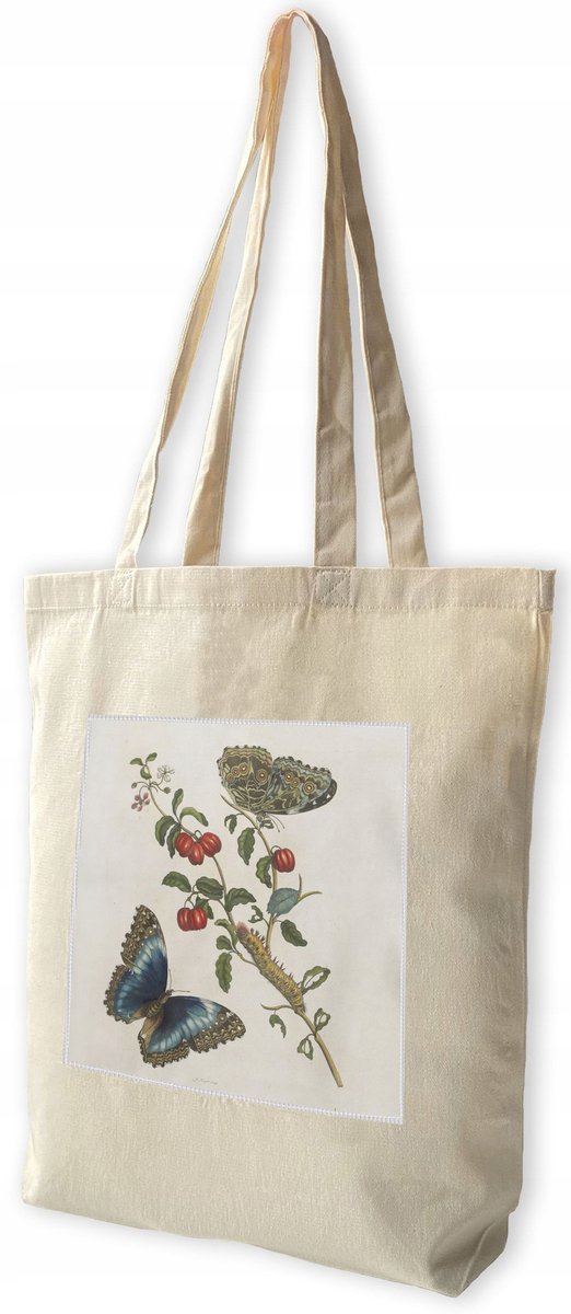 Shopper Tas met Grote Patch: Blauwe Vlinders & Rode Vruchten
