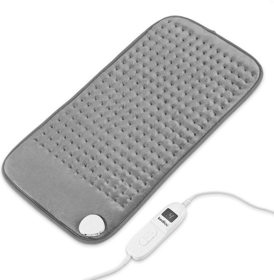Grijze elektrische verwarmingsmat met wafelpatroon en witte controller.