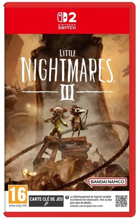 Omslag van Little Nightmares III voor Nintendo Switch met twee kleine personages op een brug.