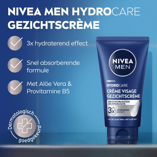 NIVEA MEN HydroCare gezichtscrème in donkerblauwe tube met witte accenten. Benadrukt 3x hydraterend effect, snelle absorptie en aloë vera.