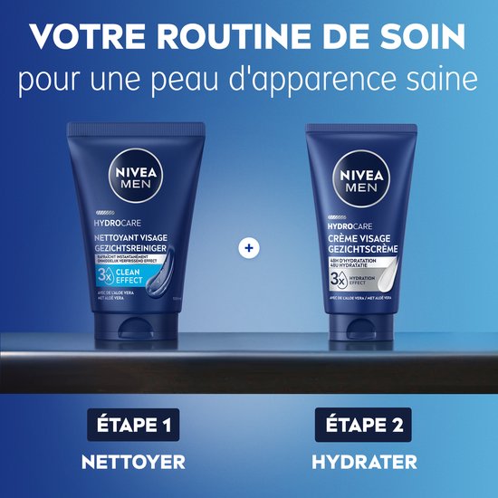NIVEA MEN HydroCare reiniger en crème naast elkaar. Stap 1: Reinigen, Stap 2: Hydrateren. Beide tubes in donkerblauw met witte tekst.