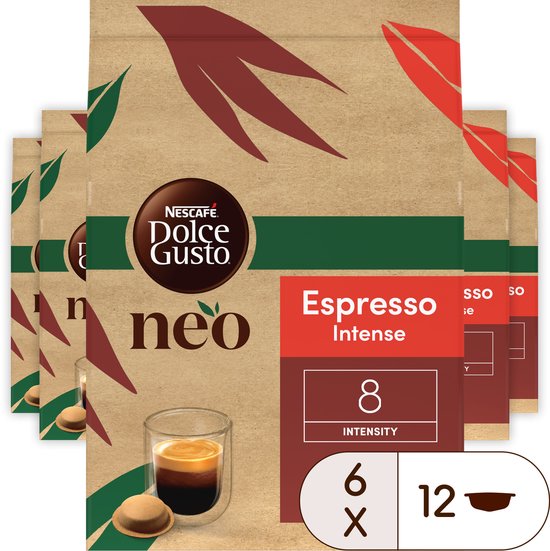 Verpakking met zes pakken Nescafé Dolce Gusto Neo Espresso Intense koffiepads, met bruine en rode bladeren en een glas espresso.