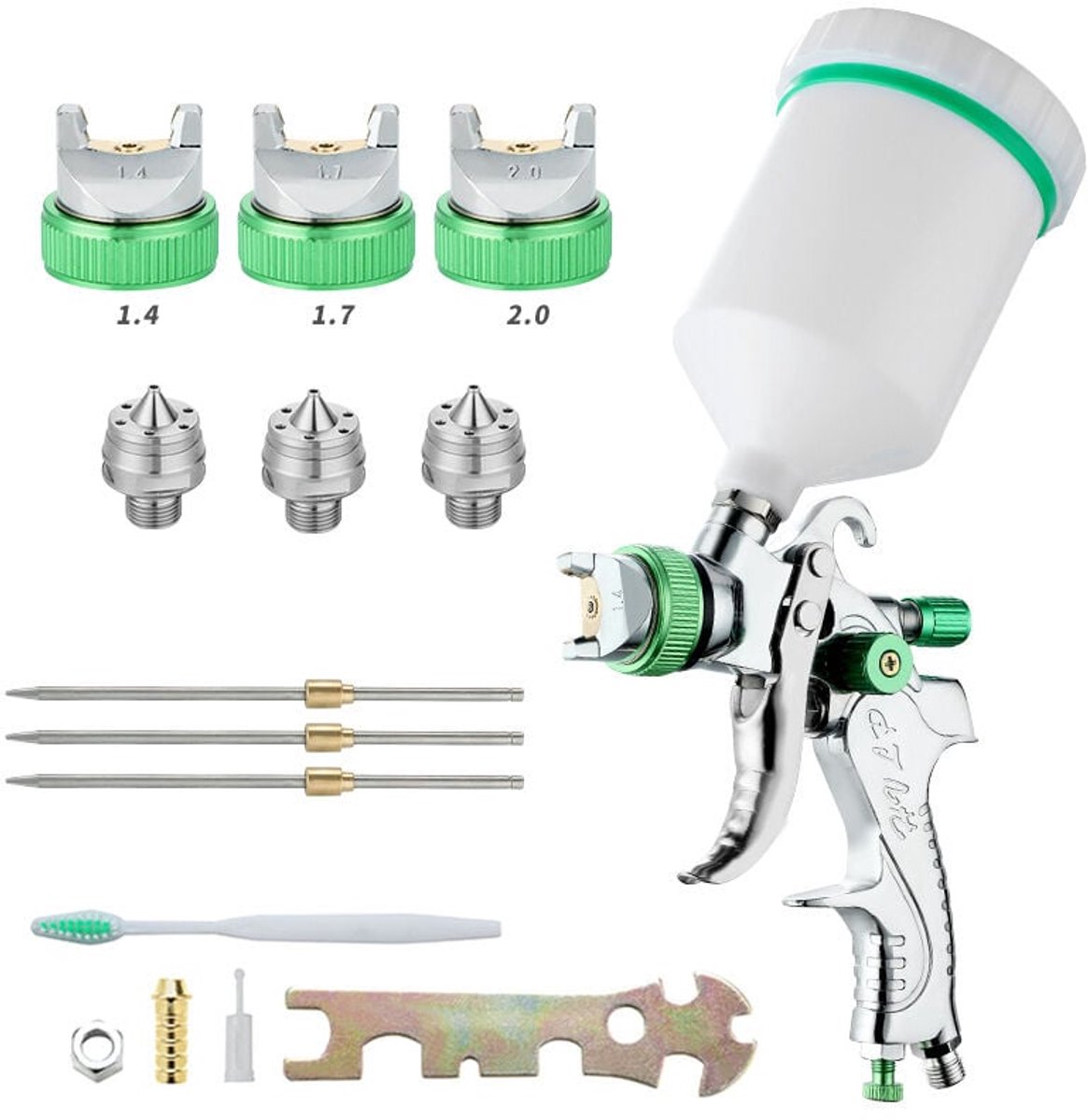 Professionele hogedruk verfspuitset- luchtspuitpistool- zwaartekrachttoevoer- pneumatisch verfpistool HVLP 600CC- 1-4MM/1-7MM/2-0MM- 3 spuitmonden