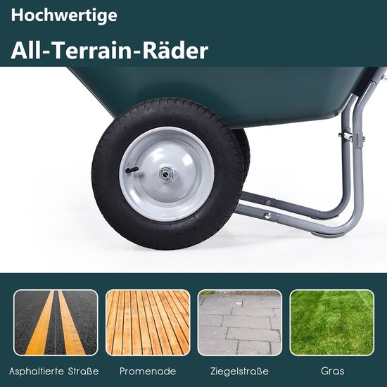COSTWAY Kruiwagen met 2 wielen, 75 l, schuifwagen, 100 kg draagkracht, metalen frame, transportwagen voor tuin, tuinkar met rubberen handgreep, bouwkruiwagen, tuinkruiwagen (groen) van Merkloos	 — afbeelding 4