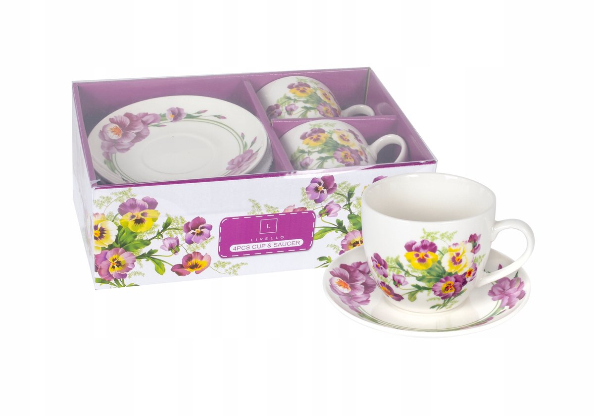 Livello Porseleinen Kopjes met Schotels, 250ml, 2 stuks, Bloemendessin