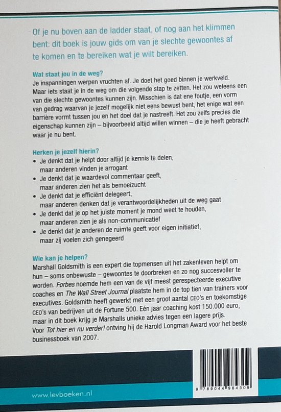 Achterkant van het boek 'Tot hier en nu verder!' met tekst en een streepjescode.