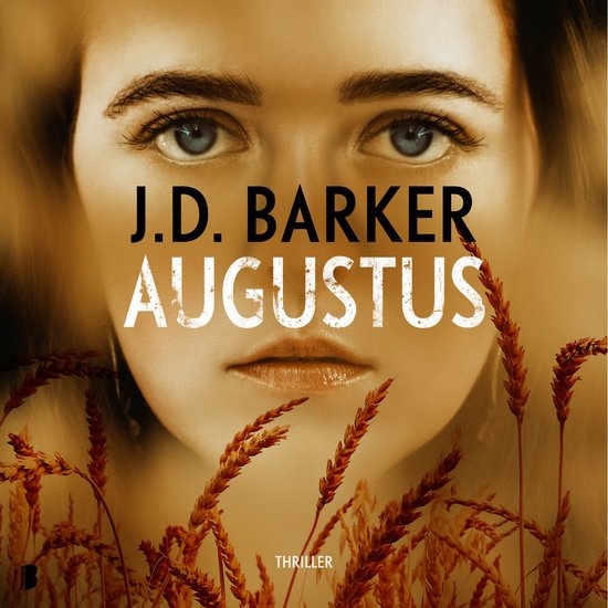 Boekcover met de tekst J.D. BARKER AUGUSTUS en een close-up van een vrouwengezicht met blauwe ogen.