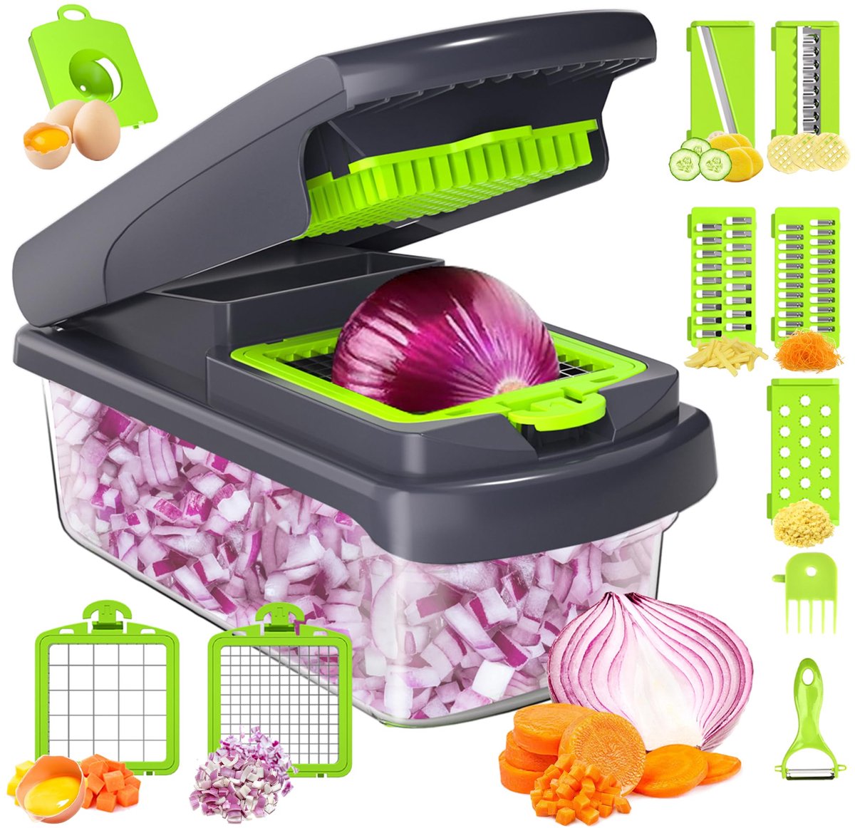 Unyqoos® 15-in-1 Multifunctionele Groentesnijder met Diverse RVS Messen en Accessoires