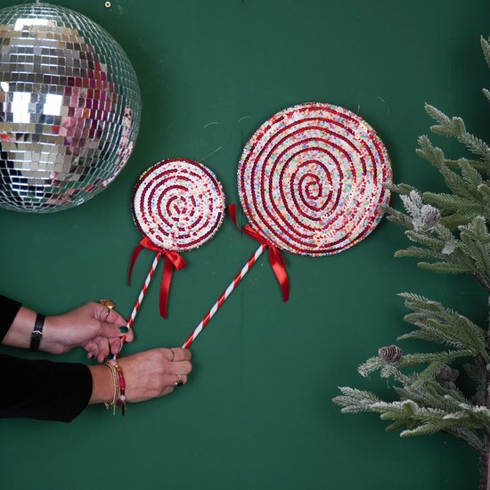 Housevitamin - Décorations de Noël - Sucette - Rouge/ Wit/Boule disco - Mousse - 25 x 63 cm
