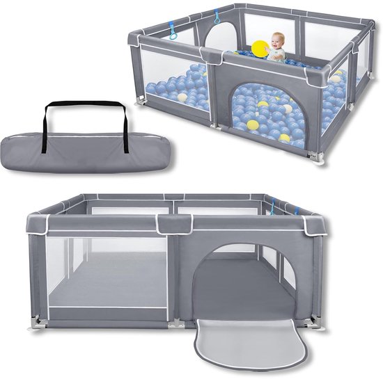 Babybox, 150 x 180 x 68 cm, inklapbare box, afsluitrooster met anti-botsingsschuim, ademend net en ritssluiting, kruipruimte, speelpen voor kinderen en zuigelingen, grijs