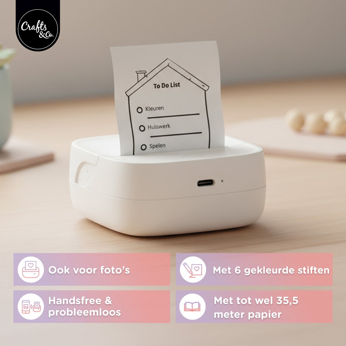 Crafts&Co Mini Pocket Printer met 13 Rollen en 6 Stiften - 24-Uur Batterij - Mobiele Fotoprinter - Interactief Montessori Speelgoed - Draagbare en Thermische Printer - Cadeau voor Jongens en Meisjes - 6, 7, 8, 9, 10, 11, 12, 13, 14+ Jaar - Wit — afbeelding 2