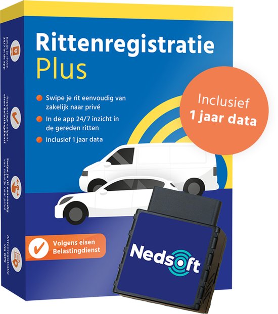 Nedsoft Rittenregistratie Plus - Handige Plug & Play tracker - Inclusief 1 jaar data - Swipe eenvoudig je rit van zakelijk naar privé