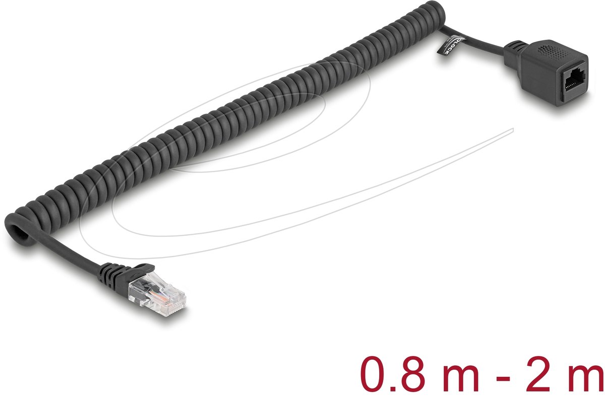 Delock RJ45 Coiled Cable plug to jack Cat.5e UTP 0.8 m to 2 m black