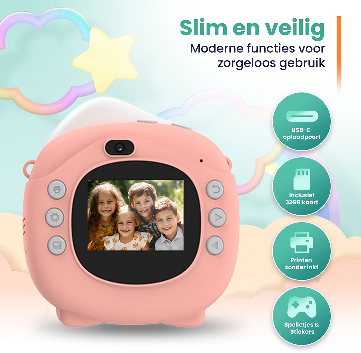 ODESSEY Kindercamera met Printer - Full HD - Selfie Camera - 32GB SD Kaart - Foto - Video - Spelletjes - Digitale Camera Kinderen - Fototoestel voor kinderen - Roze — afbeelding 4