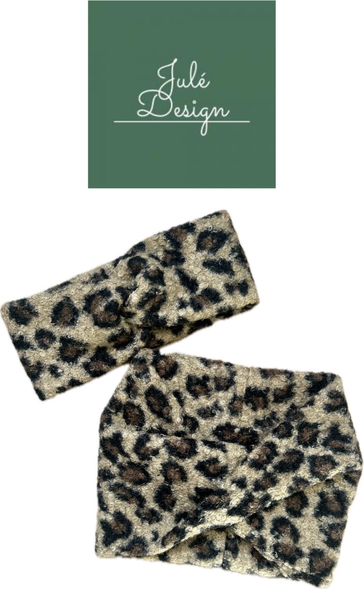 Julé Design winter teddy / bouclé combi set colsjaal / haarband panter dames