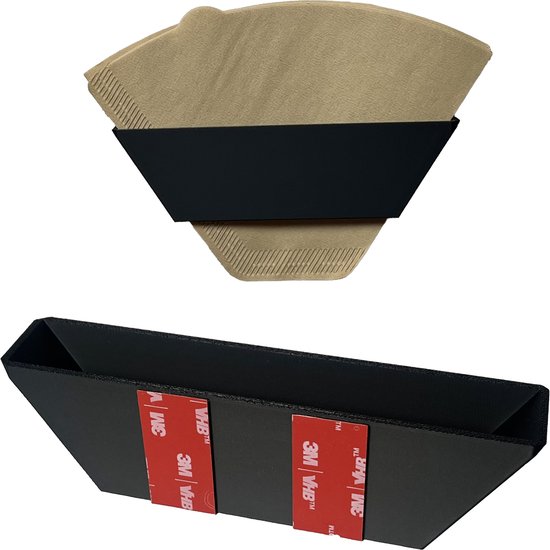 Set van een zwarte koffiefilterhouder met koffiefilters en een losse zwarte houder.