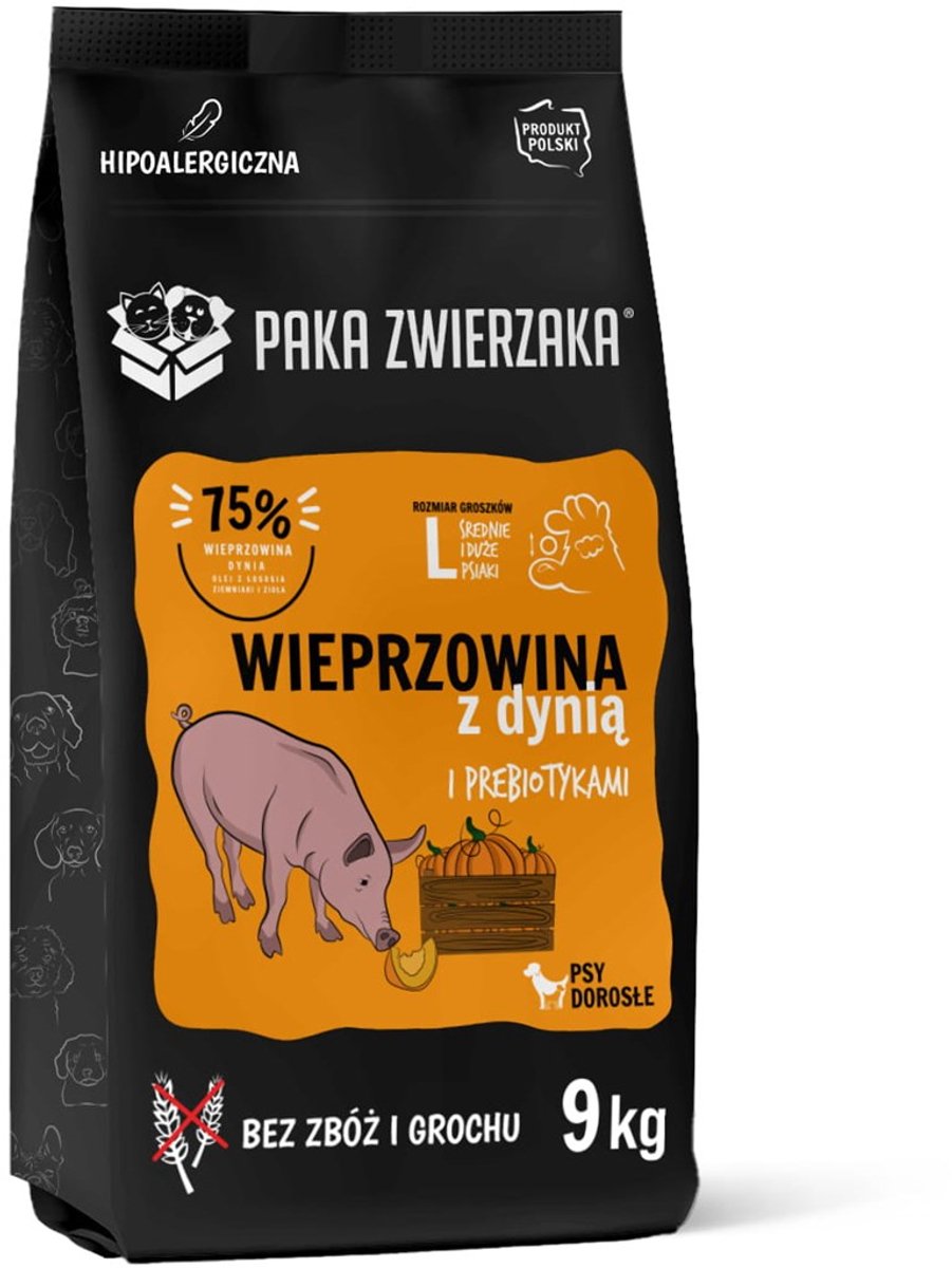 Paka zwierzaka Paka Zwierzaka - Droogvoer voor Honden - Varkensvlees & Pompoen - Brokken L - Natuurlijk & Graanvrij - Ondersteunt Spijsvertering & Immuunsysteem - 9 kg