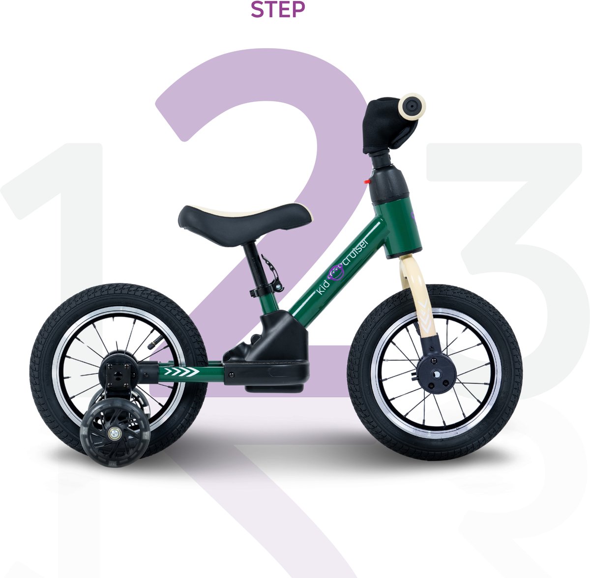 Kidcruiser Loopfiets 2+ jaar - Optioneel met LED Zijwieltjes & Trappers - 3-in-1 Kinderfiets - 12 inch – Donker Groen – Modulair Design — afbeelding 7