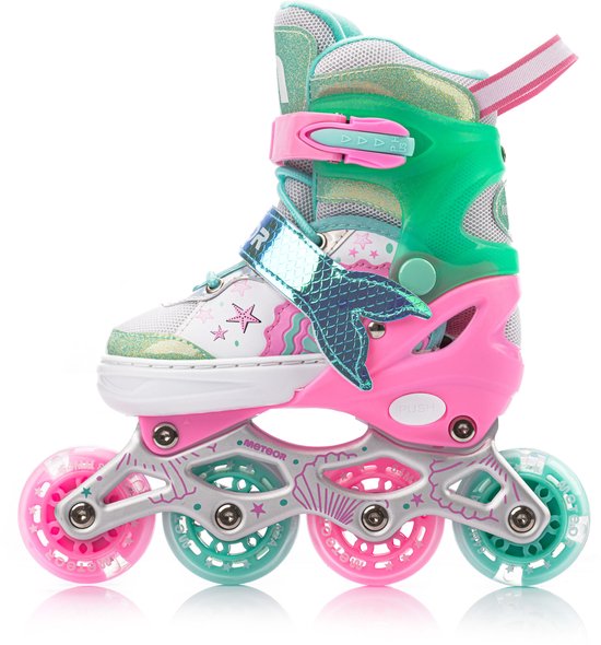 Roze skeelers met mintgroene accenten, glitter, zeemeerminnenstaart en sterrenprint.
