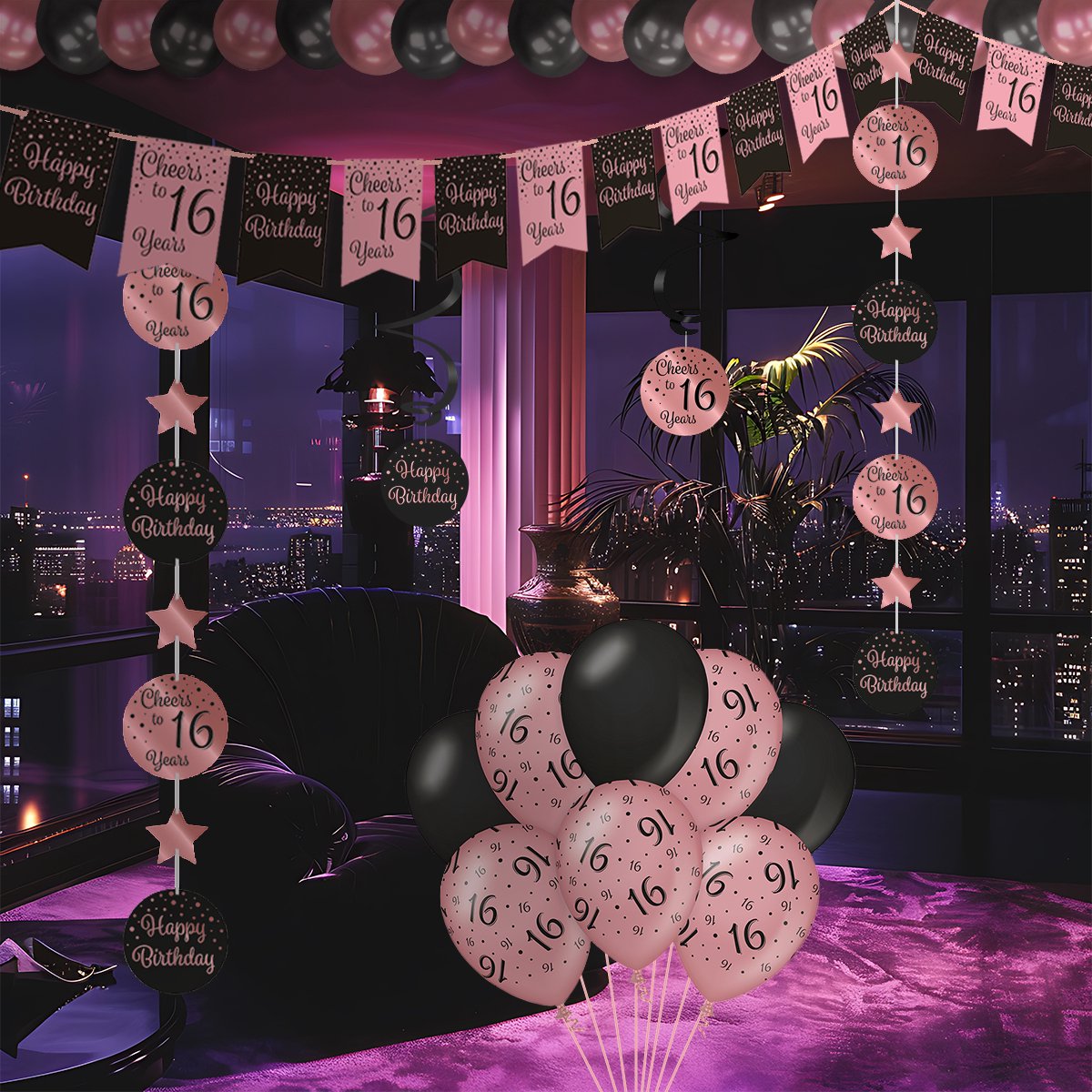 Q2P - 16 Jaar Ballon - Verjaardag Versiering - Rosegoud & Zwart - Helium Ballonnen - Feest Decoratie - Sweet Sixteen - 8 Stuks — afbeelding 3