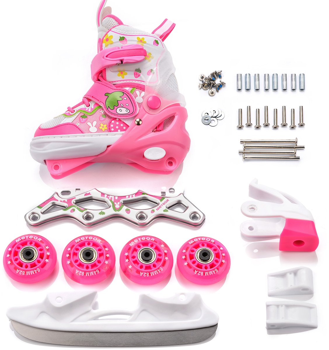 Meteor 4-in-1 Kinderschaatsen S 30-33 Bunny Inline Skates Lichtgewicht LED-wielen Verstelbare Roze