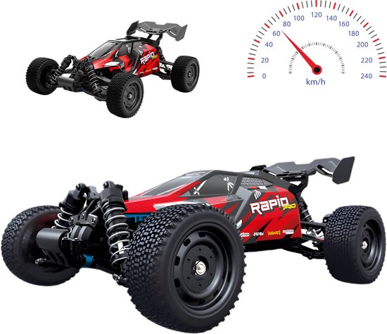 Rode en zwarte RC raceauto op witte achtergrond, met een snelheidsmeter die 80 km/u aangeeft.
