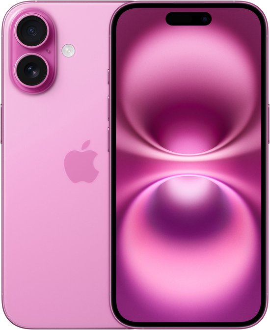 Roze iPhone met dubbele camera aan de achterkant en de voorkant met een abstracte roze wallpaper.