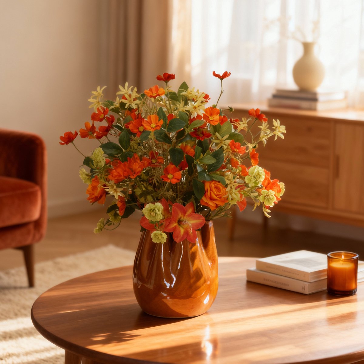 maxifleur Kunstplanten Kunstboeket Caroline Monaco inclusief Twist & Tube Vaas 55 cm Oranje