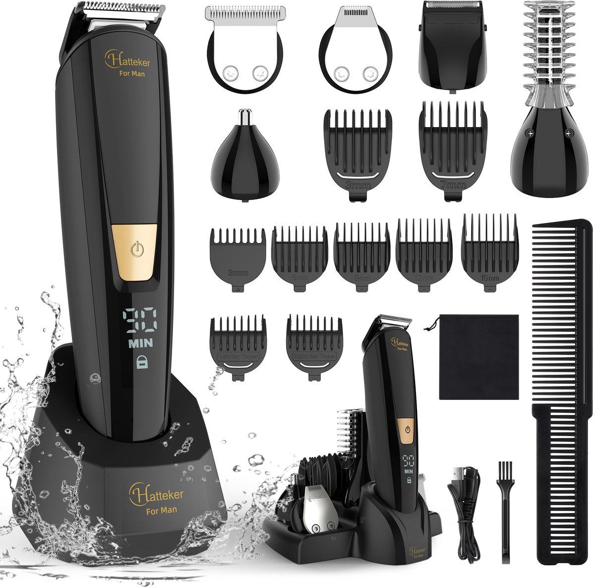 Hatteker 5-in-1 Baardtrimmer Set voor Mannen – Lichaamstrimmer, Tondeuse, Neustrimmer en Scheerapparaat – Dubbel Oplaadstation, Twee Oplaadmethoden, Waterdicht