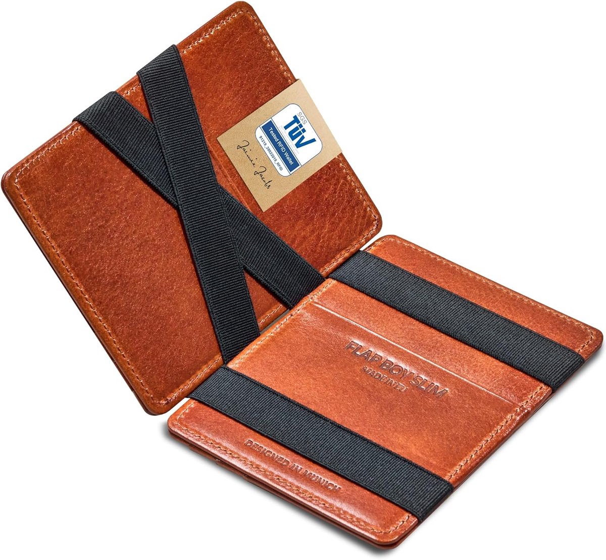 Jaimie Jacobs Flap Boy Slim - The Original - Magische portemonnee Slanke portemonnee RFID-bescherming voor mannen Geldclip Kleine slanke portemonnee Cadeau Echt leer Flap Boy Slim, 04 Donkerbruin