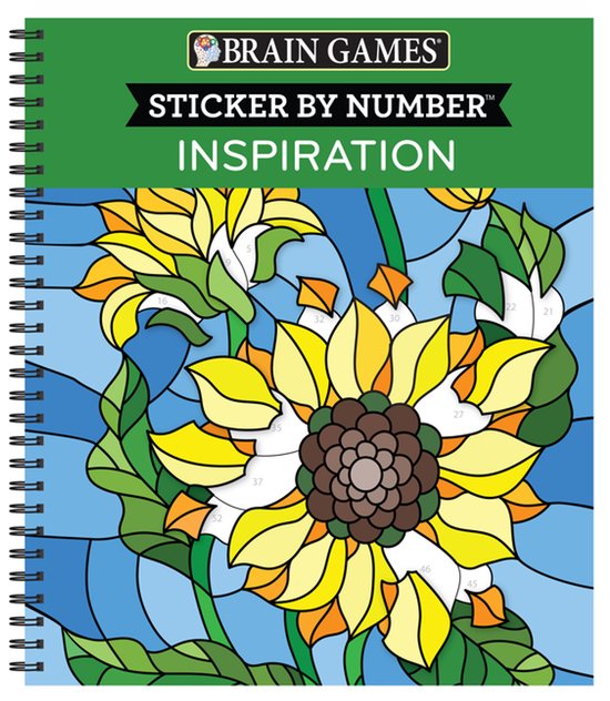 Livre 'Brain Games Sticker by Number Inspiration' avec un aspect vitrail de tournesols dans des tons jaune, marron et vert sur fond bleu.