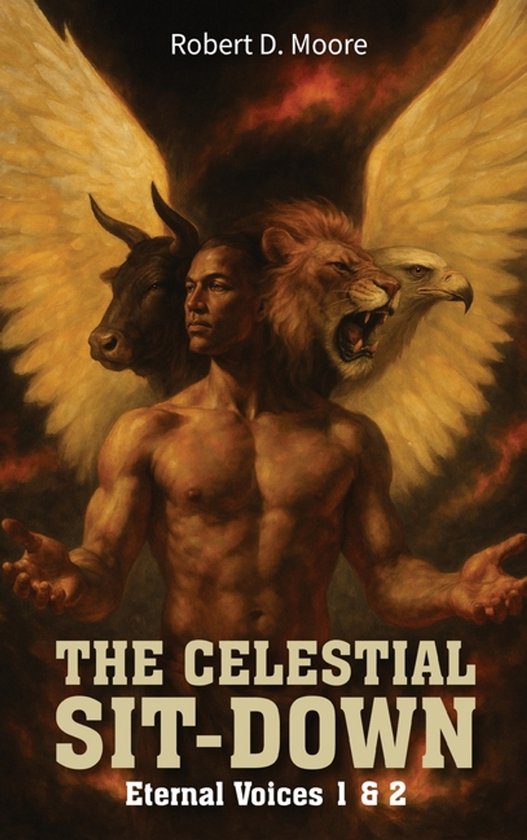 Couverture du livre 'The Celestial Sit-Down' montrant un homme à trois visages : taureau, lion et aigle, avec des ailes.