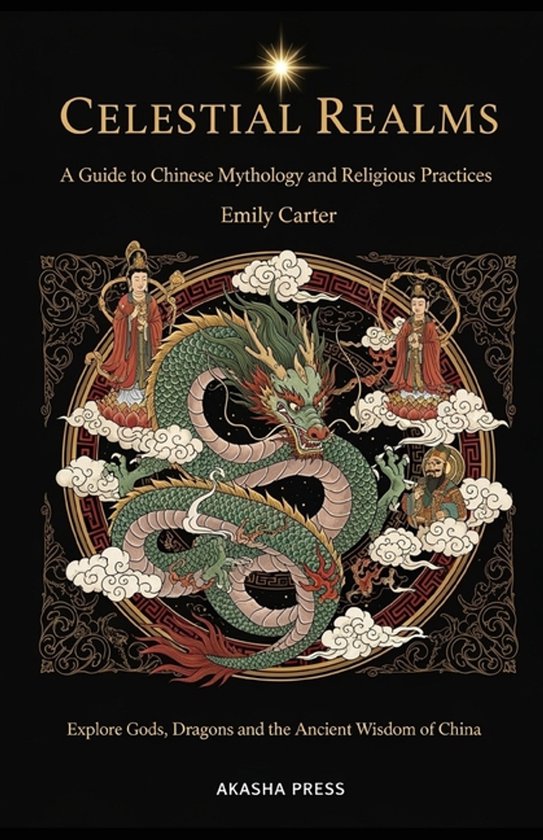 Boekomslag met de titel 'Celestial Realms: A Guide to Chinese Mythology and Religious Practices'. Een groene draak omringt beelden van goden en wolken.