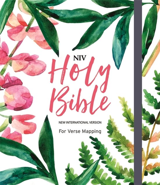 NIV Heilige Bijbel - Nieuwe Internationale Versie voor Vers Mapping, met een aquarelontwerp van groene bladeren en roze bloemen.