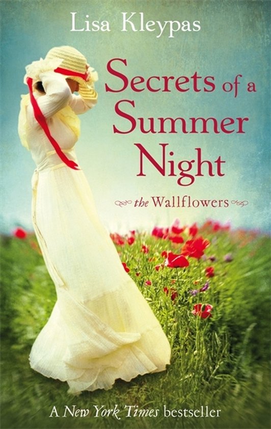 Couverture de livre montrant une femme en robe blanche avec un chapeau de paille, debout dans un champ de coquelicots. "Secrets of a Summer Night" par Lisa Kleypas.