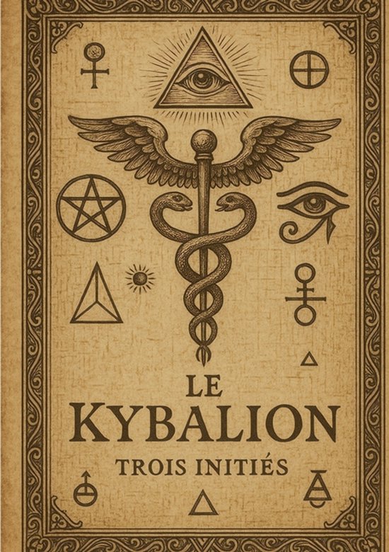 Couverture de Le Kybalion avec un caducée, l'œil d'Horus, un pentagramme et d'autres symboles ésotériques sur fond parchemin.