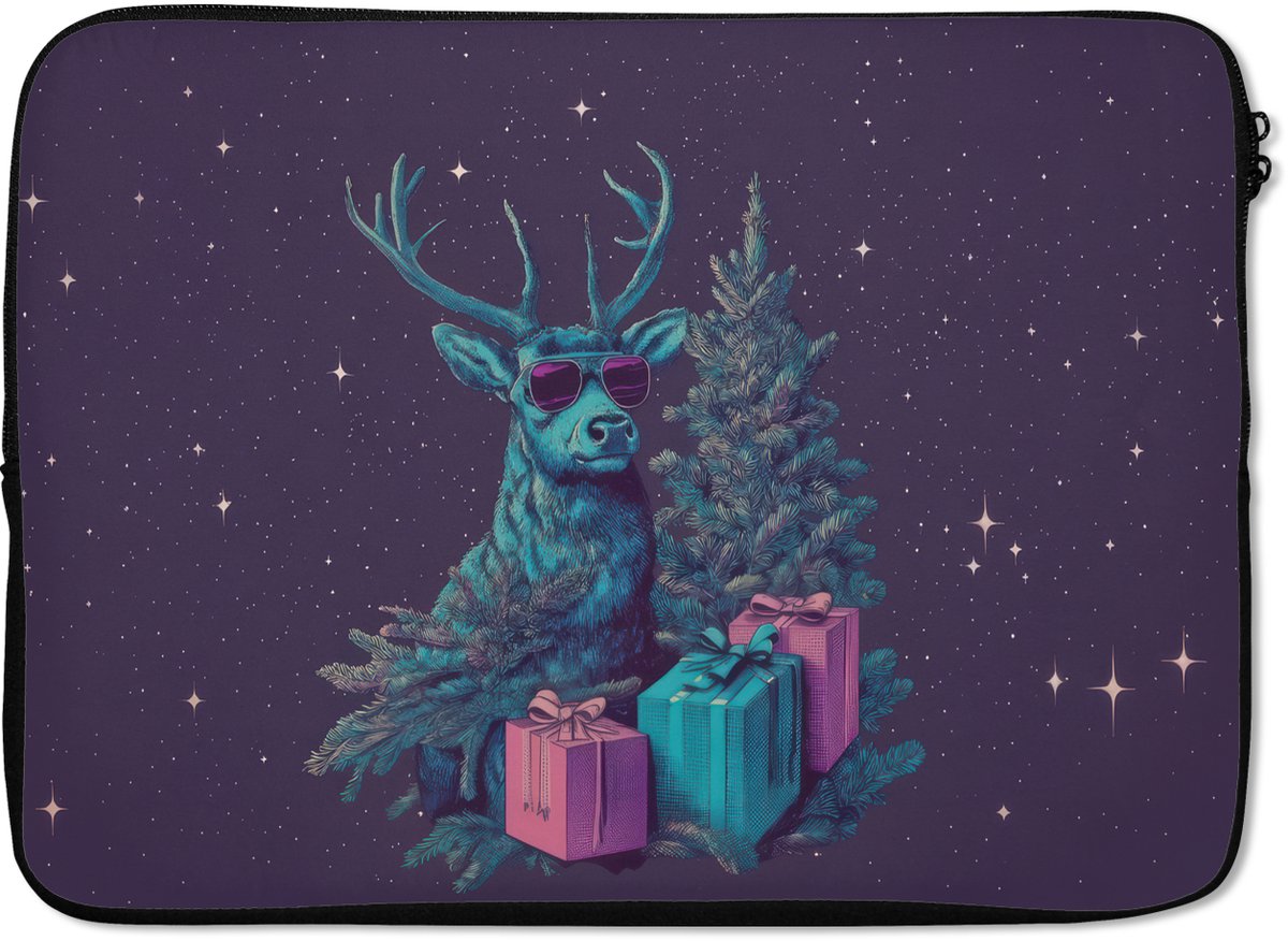 Laptophoes 14 inch - Rendier - Zonnebril - Neon - Kerstboom - Laptop sleeve - Binnenmaat 33x23 cm - Zwarte achterkant
