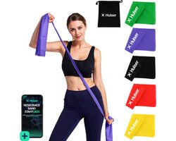 Hulser Lange Resistance band set 5-delig - 4,5 tot 27 kg - 200 cm - Met digitale startgids - Stretch elastiek - Fitness weerstandsband - Thera band - Theraband - Weerstandselastiek - Pilates bands - Oefenband