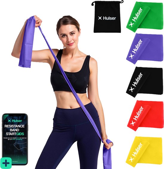 Hulser Lange Resistance band set 5-delig - 4,5 tot 27 kg - 200 cm - Met digitale startgids - Stretch elastiek - Fitness weerstandsband - Thera band - Theraband - Weerstandselastiek - Pilates bands - Oefenband
