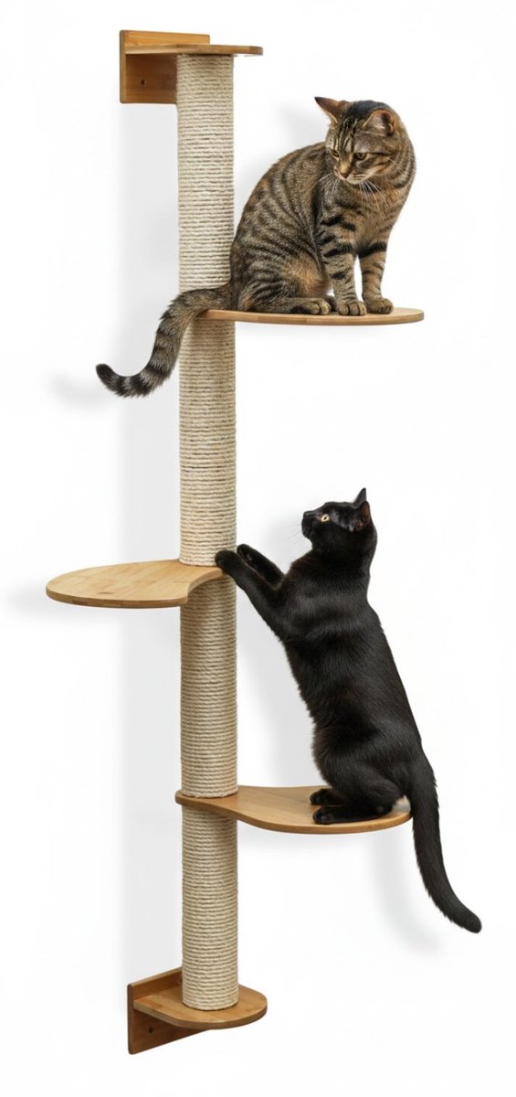 175 cm Wandkrabpaal met 3 Bamboe Planken - Katten Klimboom Sisal - Krabpaal met Muurbevestiging