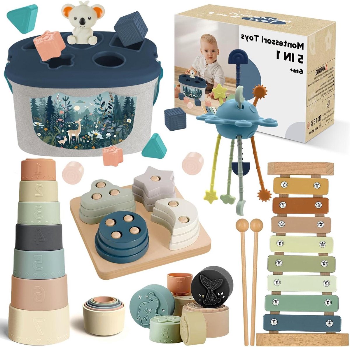 Provento - Sensorisch speelgoed voor baby's vanaf 6 maanden - Montessori speelgoed - Trekkoord en xylofoon - Vormsorteer- en stapelspeelgoed - Cadeau voor baby's