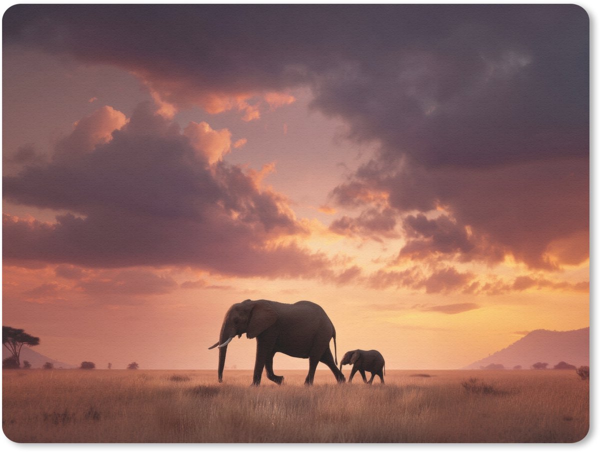 Muismat 23x19 cm - Mousepad Olifanten - Grasland - Zonsondergang - Muismatten
