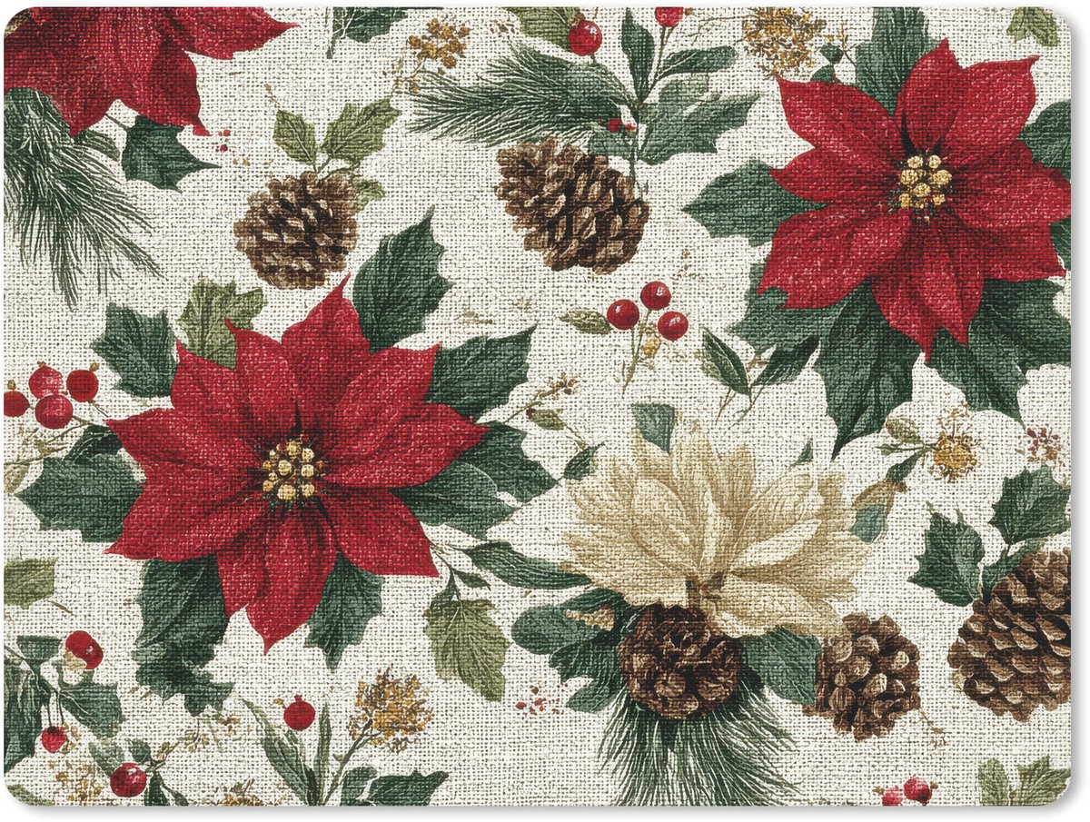 Muismat 23x19 cm - Mousepad Feestelijk - Textielpatroon - Kerstbloemen - Kleurrijk - Muismatten